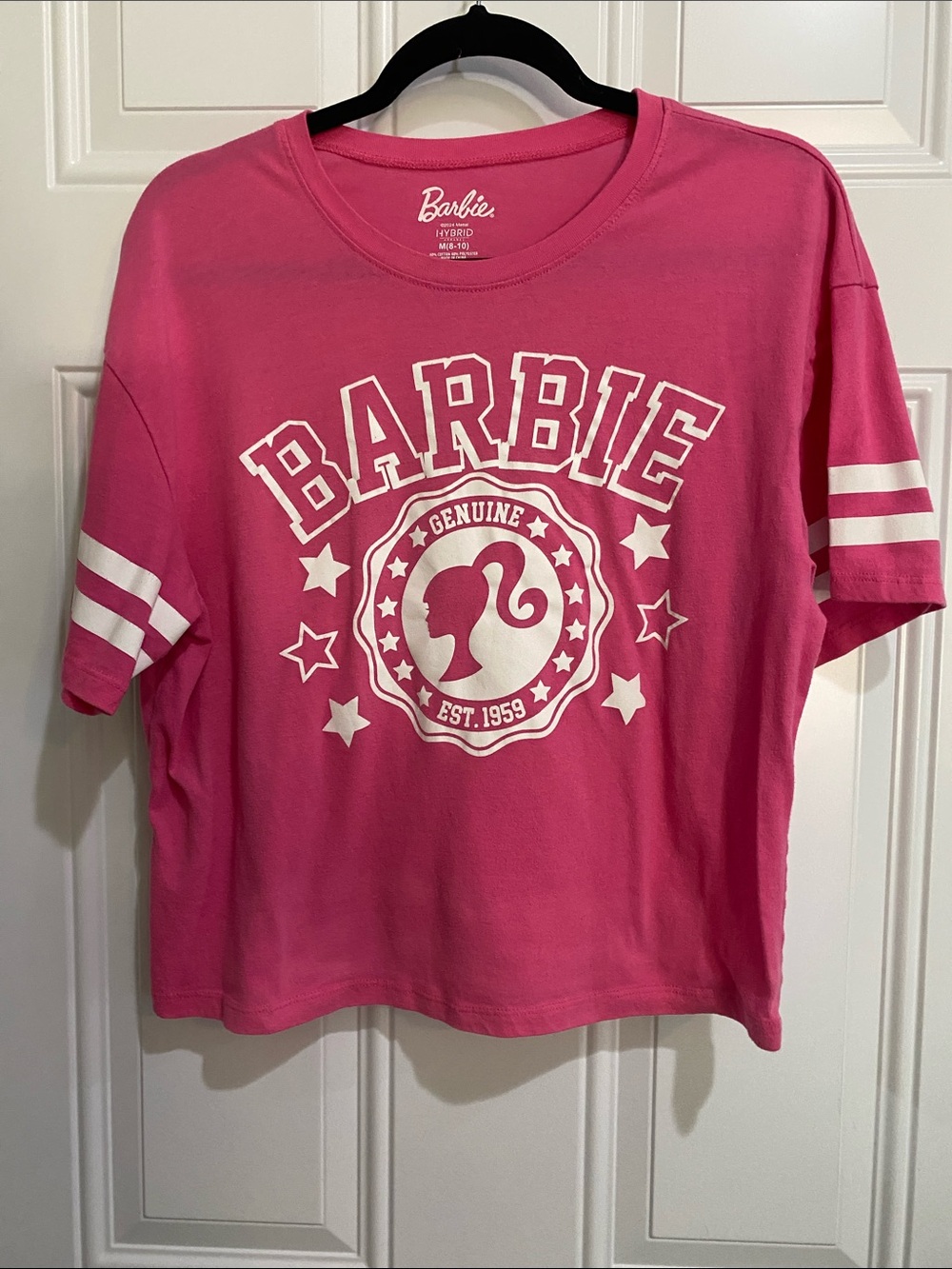 Barbie Hot Pink Graphic Tee with White Logo and Sleeve Stripes